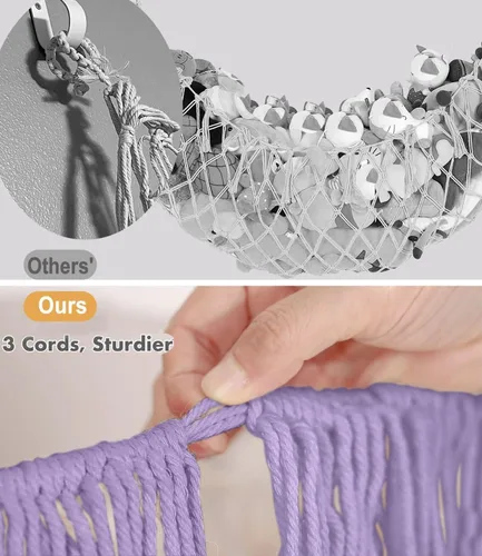 Miniatura 5 de Hamaca extra grande de red para animales de peluche – [56 pulgadas de largo/macramé tejido a mano/lavanda] Hamaca de almacenamiento para pared