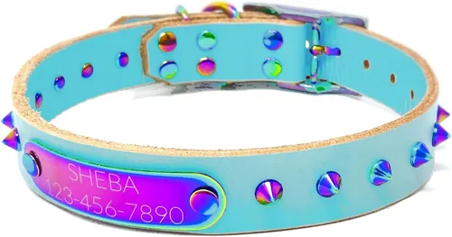 Miniatura 12 de Collar de perro de cuero con brida hecha a mano, grabado arco iris de acero inoxidable (negro)
