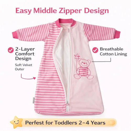 Miniatura 3 de Saco de dormir para bebé, manta de manga larga de terciopelo de algodón para niñas y niños pequeños, rosa, cremallera de 2 vías, sensación de Rosado