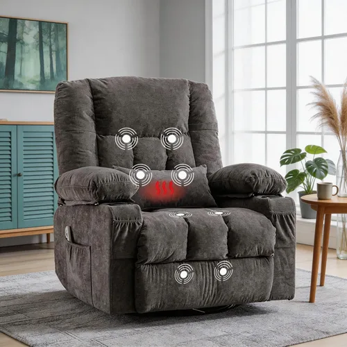 Silla reclinable giratoria con funciones de masaje por vibración y calefacción para adultos, sofá individual reclinable de gran tamaño con bolsillo