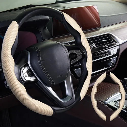 WOCOCN 2 fundas para volante de automóvil, protector antideslizante de fibra de carbono para hombres y mujeres, múltiples opciones de color, Beige