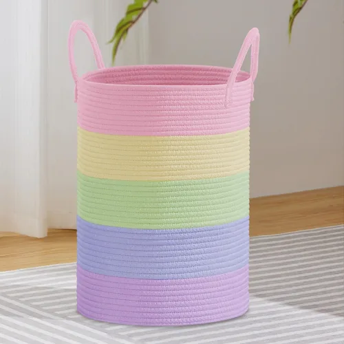 Miniatura 13 de VIPOSCO Cesta de lavandería grande, cesta de almacenamiento de cuerda tejida alta para mantas, juguetes, ropa sucia en la sala de estar, baño, Rayas