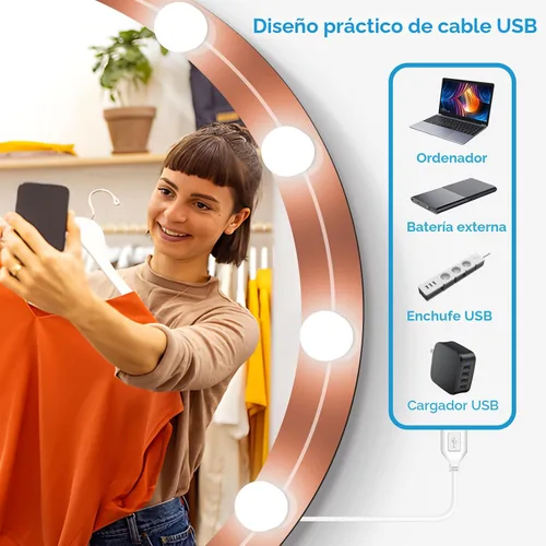 Miniatura 6 de Luces LED de tocador para espejo, luces de tocador adhesivas con 10 bombillas regulables, 3000K 4000K 6500K y 10 niveles de brillo ajustable, cable