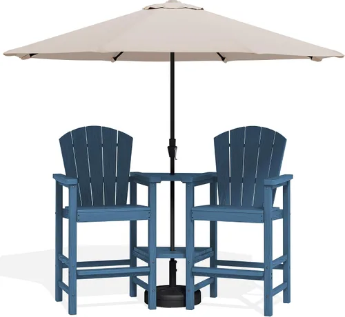 Miniatura 13 de SERWALL Juego de 2 sillas altas Adirondack con paraguas de 9 pies, sillas de exterior de altura de barra de HDPE, taburetes de bar Adirondack