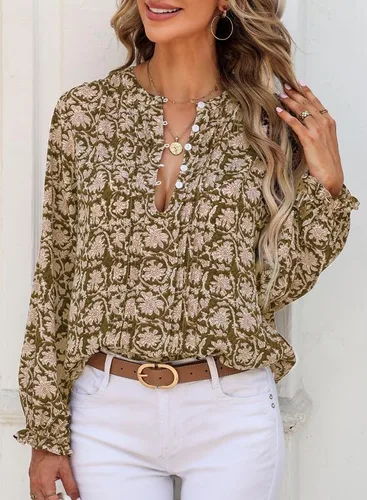 Miniatura 7 de SHEWIN Blusas de primavera para mujer, estilo casual, cuello en V, manga larga, blusas florales bohemias