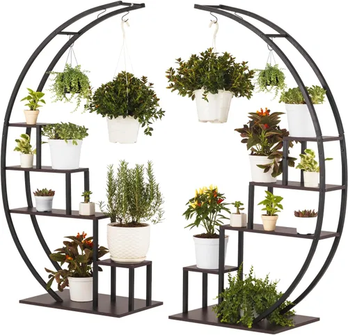 IDZO - Estantería de metal en forma de media luna para plantas, estantes múltiples para interiores, marrón oscuro, ideal para la decoración de la