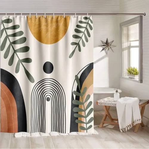 Cortinas de ducha bohemias para baño, color beige, bohemio, decoración de baño, elegante juego de cortina de ducha bohemia de tela de mediados de