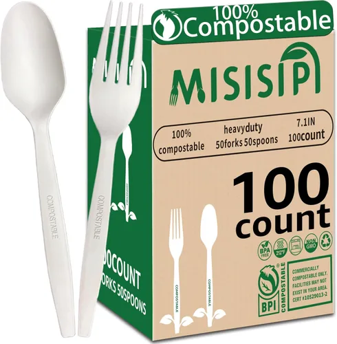 MISISIPI [7.1 pulgadas, 100 piezas] Tenedores y cucharas 100% compostables, tenedores y cucharas biodegradables, resistentes, sin plástico, tenedor