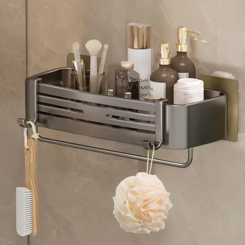 Miniatura 14 de Organizador de ducha esquinero, estantes de ducha adhesivos sin perforaciones con ganchos, organizador de ducha extraíble impermeable y resistente