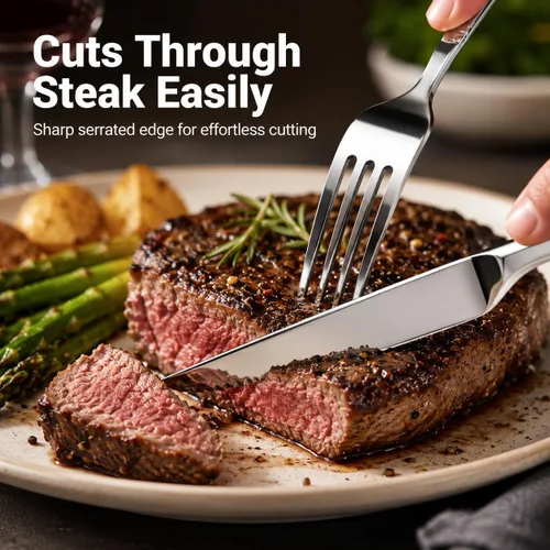Miniatura 7 de SANTUO 12-Piece Steak Knife and Fork Set for 6, Stainless Steel Steak Knives with Dinner Forks, Serrated Steak Knife Set, Mirror Polished