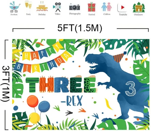 Miniatura 3 de Telón de fondo de tercer cumpleaños de dinosaurio azul de 5 x 3 pies, dibujos animados de tres rex, hojas de palma verdes, fondo de fotografía