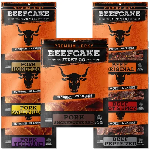 Miniatura 11 de BeefCake Jerky Paquete Clásico de Cecina de Res, Incluye Cecina de Res Sabor Tradicional Pimienta y Original, 9 Gramos de Proteína y 100 Calorías