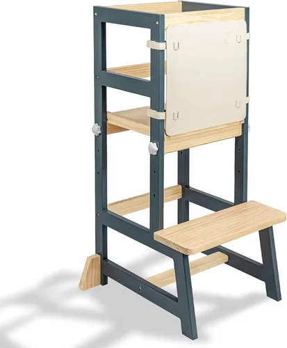 Miniatura 12 de Taburete de cocina WOOD CITY, taburete de cocina para niños pequeños con baranda de seguridad, altura ajustable, torre de aprendizaje para niños