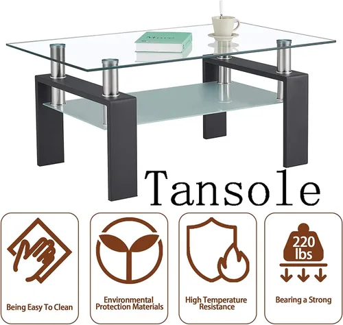 Miniatura 5 de Mesa de centro rectangular de vidrio de 39.4 pulgadas, mesa de centro negra con vidrio templado y patas de metal, mesa central moderna de 2 niveles