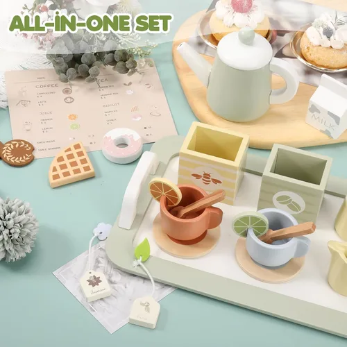 Miniatura 7 de Juego de té de madera para niñas pequeñas, juego de té para niños pequeños, juguete de cocina de juguete de simulación para 1, 2, 3, 4, 5 años