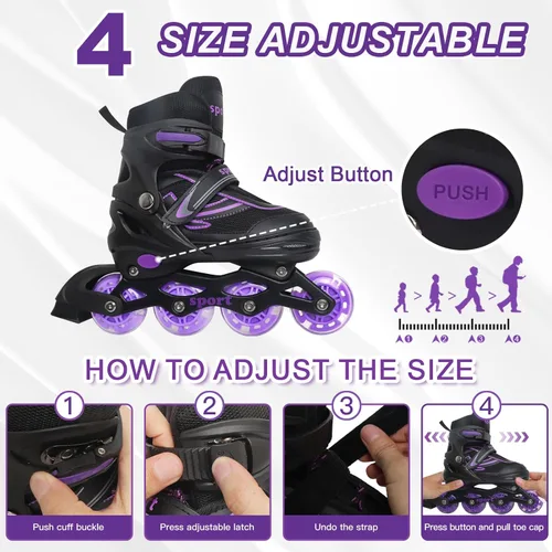 Miniatura 3 de Patines en línea para niñas de 6 a 12 años, cuchillas ajustables de 4 tamaños para niñas y niños, jóvenes y adolescentes, principiantes con ruedas