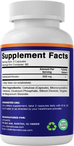 Miniatura 8 de Vitamatic Queratina hidrolizada de 500 mg por porción – 120 cápsulas vegetarianas – Suplementos de queratina para cabello sano, piel y uñas