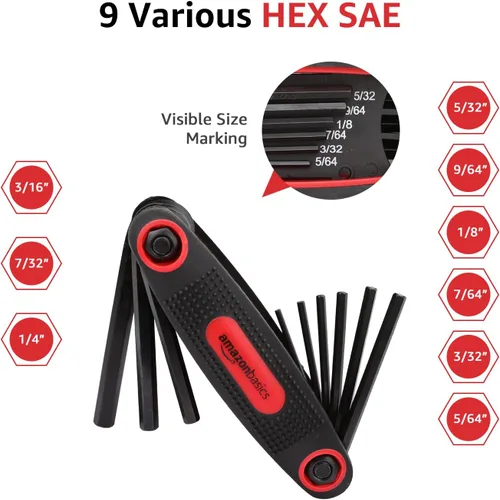 Miniatura 2 de Amazon Basics Juego de llaves hexagonales plegables, tamaños métricos, SAE y estrella, paquete de 3