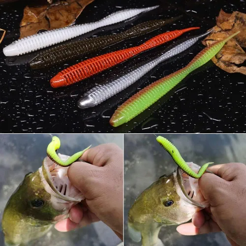 Miniatura 6 de Aparejos de pesca de gusanos de plástico suave para lubina, gusanos de goma de 4 pulgadas, gusanos locos, cebos de cola recta, kit de 22 piezas