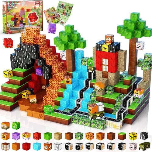 Goody King Mundo de Bloques Magnéticos de Dinosaurio y Volcán | 100 Piezas de Bloques Magnéticos de Dinosaurio, Juguetes Sensoriales STEM Montessori