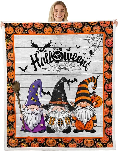 Miniatura 9 de Manfei Manta con temática de gnomos lindos de Halloween para decoración de habitación de niños y niños, manta de tela de araña negra, manta