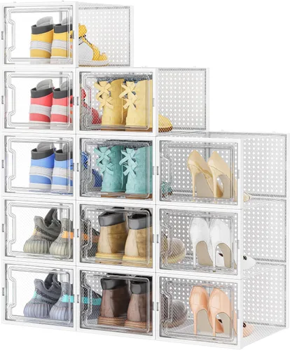 Miniatura 12 de HOMIDEC Almacenamiento de zapatos, paquete de 12 organizadores de zapatos para armario, cajas de zapatos apilables de plástico transparente
