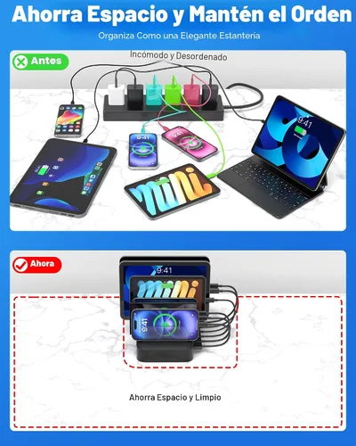 Miniatura 5 de MSTJRY Estación de carga para múltiples dispositivos: estaciones de carga USB de 6 puertos - Base de carga organizadora familiar para múltiples Negro