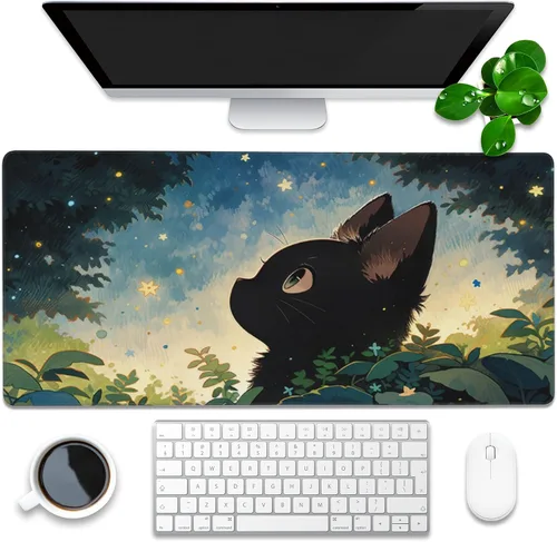 Miniatura 24 de Alfombrilla de escritorio, alfombrilla de ratón de anime linda gata negra extendida para juegos grande, 31.5"x11.8" gran alfombrilla de ratón