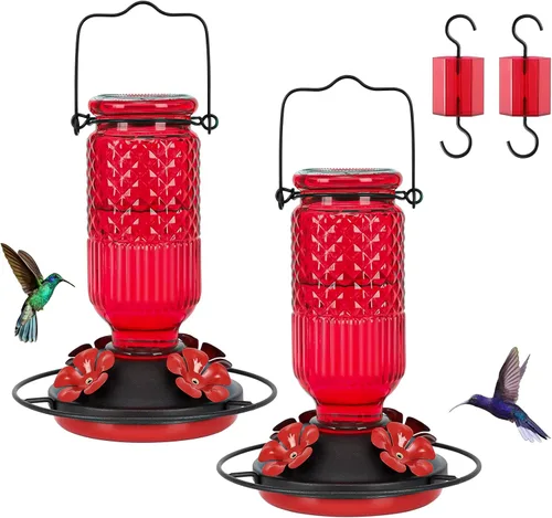 Miniatura 14 de FEED GARDEN Comedero de vidrio para colibríes para colgar al aire libre, comedero de colibríes de 16 onzas con 4 puertos de alimentación con Azul