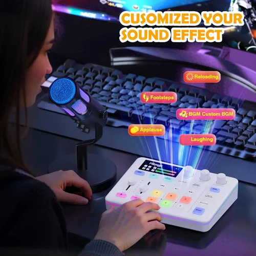 Miniatura 8 de Facmogu Mezclador de audio G9, mezclador de PC RGB de transmisión con interfaz de micrófono XLR, atenuador de volumen, botón de silencio