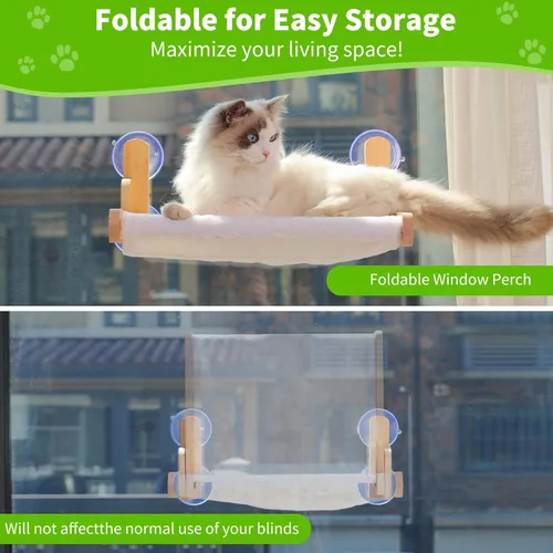 Miniatura 5 de Percha de Ventana para Gatos con Marco de Madera – Cama Hamaca Plegable para Gatos Aloxina para Gatos de Interior, Cubierta de Piel de Conejo Suave