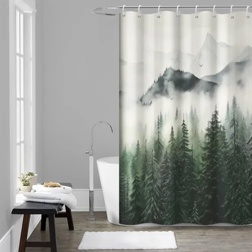 Miniatura 26 de Cortina de ducha pequeña en blanco y negro, juego de cortina de ducha de bosque brumoso para baño, impermeable, decoración de baño de montaña