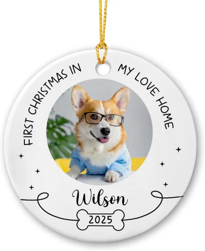 Miniatura 24 de Marco de fotos conmemorativo personalizado para mascotas, adorno de Navidad 2025, Un pedazo de mi corazón vive en el cielo, adorno de cerámica