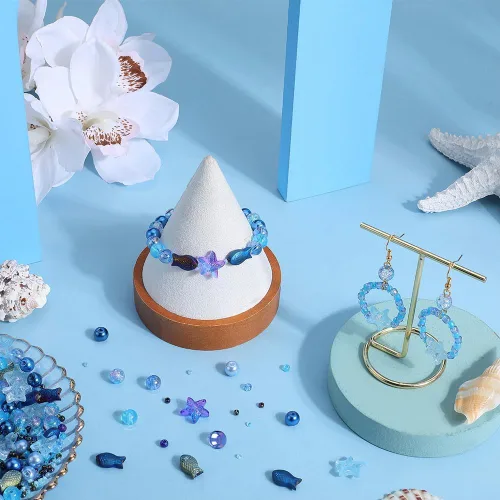 Miniatura 4 de SUNNYCLUE 1 Caja 540 piezas Kit de Cuentas Oceánicas Vidrio Verano Pez Estrella de Mar Dijes Azul Hawaii Animales Marinos Dije Cuentas de Semillas