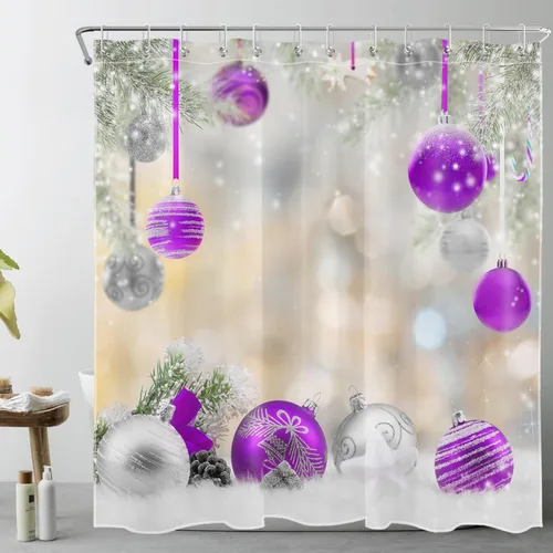 Miniatura 13 de LB Winter Christmas Shower Curtain Sets with Rugs Silver and Light Blue Xmas Ball in Winter Snow Scene Fabric Shower Curtain with Hooks New Year
