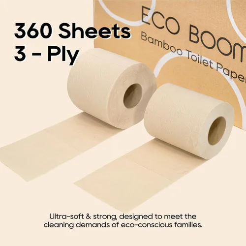 Miniatura 3 de ECO BOOM Papel higiénico de bambú sin blanquear, 100% libre de deforestación y sin plástico, 3 capas resistentes, certificado FSC, sin fragancia, 9