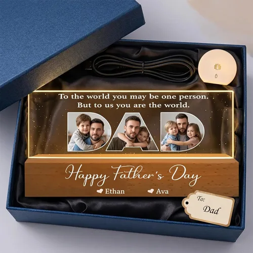 Miniatura 2 de Inserto de foto para papá con bloque acrílico personalizado para el Día del Padre, luz nocturna LED, foto personalizada con nombres de niños, regalo