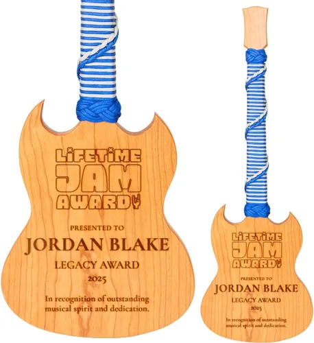 Miniatura 8 de Premio personalizado de guitarra Cherrywood, placa grabada personalizada con mango de paracaídas azul, 23 x 8 pulgadas Regalo para músicos