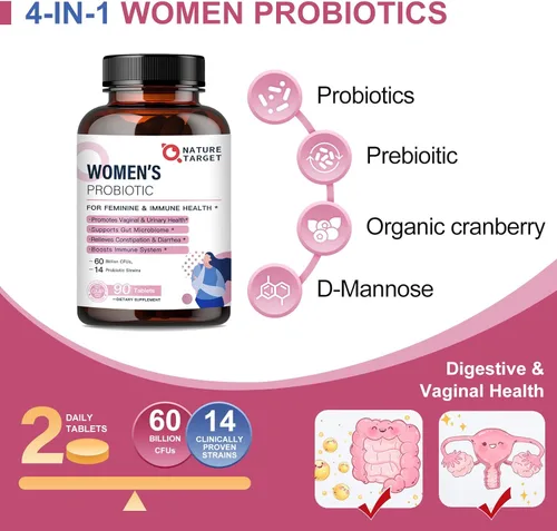 Miniatura 3 de NATURE TARGET Probióticos para mujeres con prebióticos, arándano y D-manosa, 60 mil millones de UFC, probióticos para mujeres para la salud
