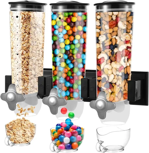 Dispensador de pared de 3 cabezales, dispensador grande de alimentos secos de 4.5L, dispensador de cereales y dispensador transparente, recipiente