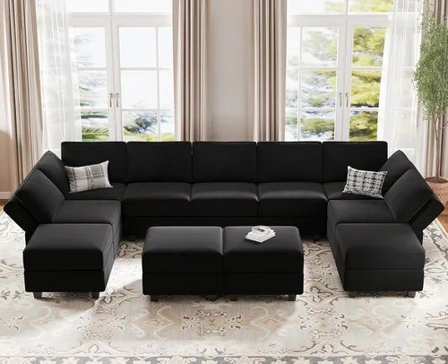 Miniatura 10 de Belffin Sofá modular convertible de gran tamaño con otomanas de almacenamiento, sofá cama seccional extra grande con diván reversible, sofá cama