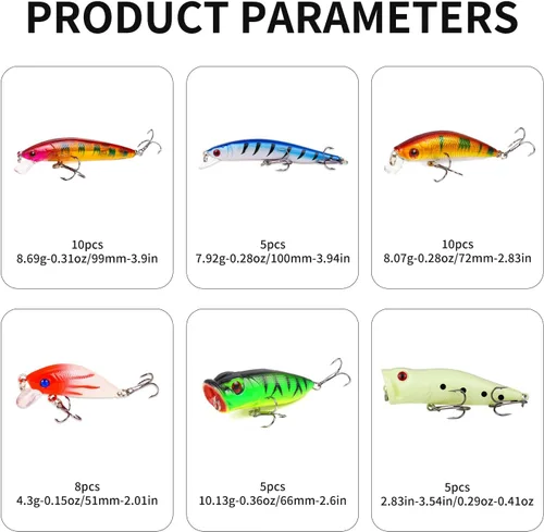 Miniatura 2 de TSKS Kit de Señuelos Artificiales de Pesca Mixto Incluyendo Minnow de Aleta de Buceo Frontal, Popper de Superficie, Cebos de Manivela, Lápiz VIB