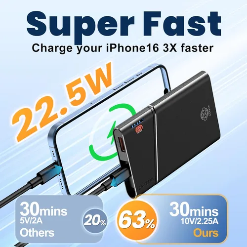Miniatura 2 de Aaoyun Cargador portátil Power Bank, 10000mAh 22.5W PD carga rápida Powerbank con cable USB C integrado, batería externa delgada para iPhone