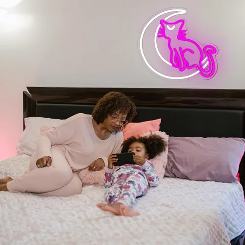 Miniatura 7 de SmilingTown Letreros de neón rosa y blanco para decoración de pared, funciona con USB, luces decorativas de neón de luna y gato para el hogar