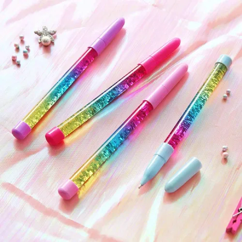 Miniatura 2 de Acfun 4 bolígrafos de punta redonda con purpurina y arena líquida, diseño de arco iris, con cristales dinámicos, tinta de gel, para regalo de mujer
