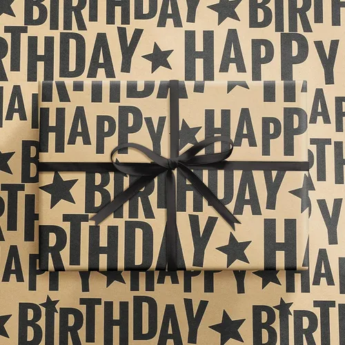 Miniatura 8 de RUSPEPA Rollo de papel de regalo de cumpleaños, mini rollo, texto de feliz cumpleaños negro en negrita con diseño de estrellas, papel de regalo
