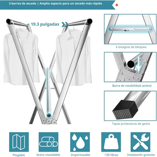 Miniatura 5 de JAUREE Estante de secado de ropa de 79 pulgadas, estante de secado plegable para interiores y exteriores, estante de lavandería de acero inoxidable