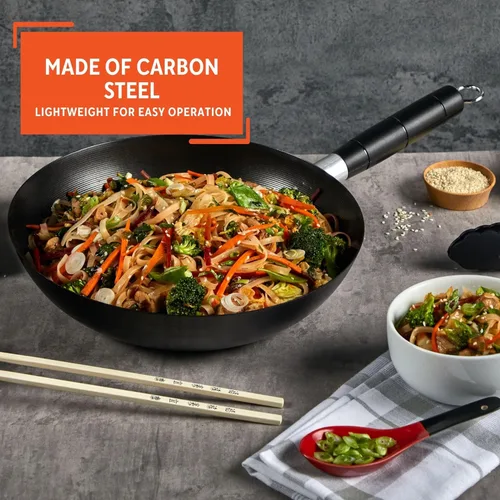 Miniatura 3 de IMUSA Wok antiadherente de acero al carbono de 9.5 pulgadas con mango Cool Touch, color negro