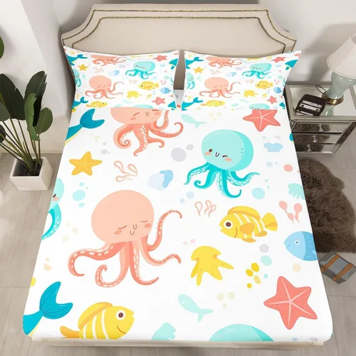 Erosebridal Juego de sábanas bajeras de pulpo oceánico, tamaño individual, juego de ropa de cama temática de playa costera, decoración náutica para