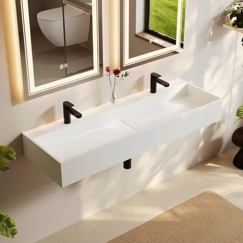 Lavabo de Baño Tipo Recipiente de 47'' Lavabo de Baño de Doble Tazón Lavabo de Canal Montado en la Pared Flotante en Blanco Mate Fregadero doble -